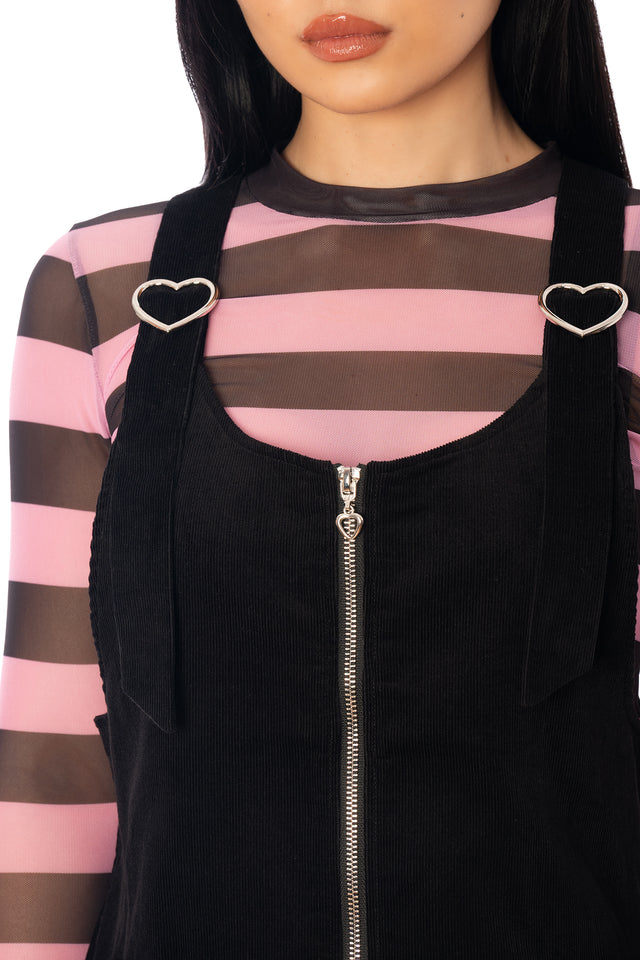 Additional product photograph 6 of the League of Legends K/DA x BlackMilk black corduroy pinafore mini dress with shoulder straps and a straight-cut silhouette.
