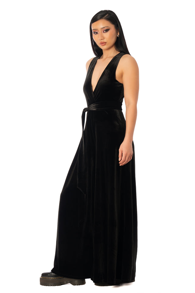 Additional product photograph 2 of the League of Legends K/DA x BlackMilk black velvet wide-leg jumpsuit with a deep V neckline and sleeveless bodice.