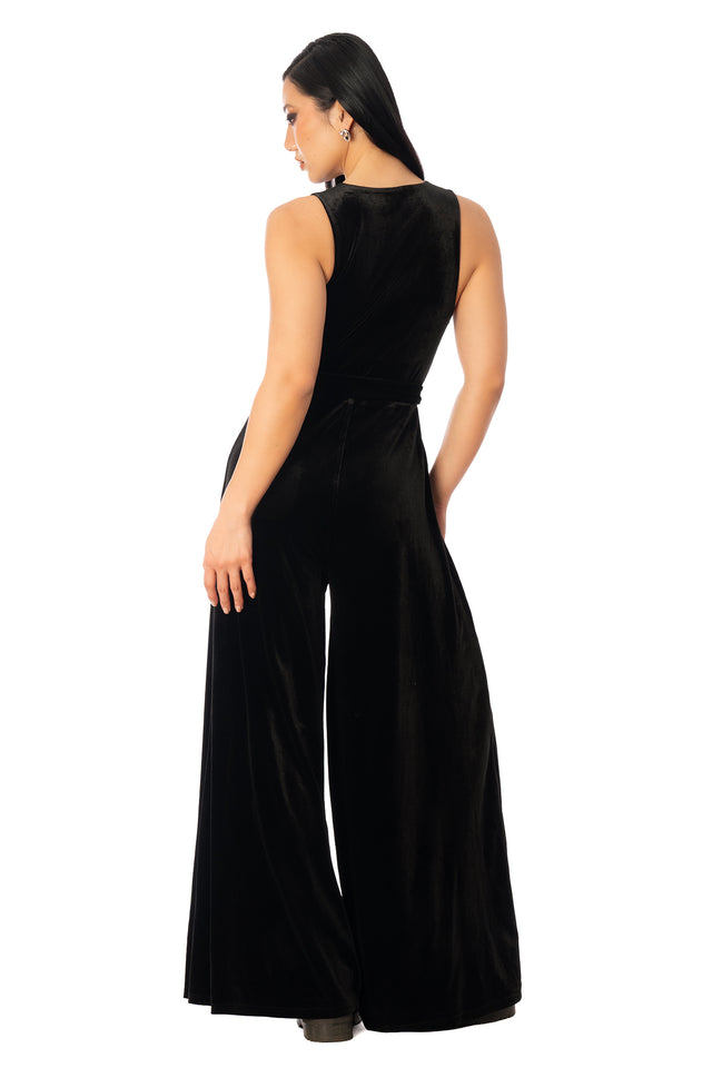 Additional product photograph 3 of the League of Legends K/DA x BlackMilk black velvet wide-leg jumpsuit with a deep V neckline and sleeveless bodice.