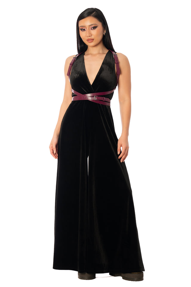 Additional product photograph 5 of the League of Legends K/DA x BlackMilk black velvet wide-leg jumpsuit with a deep V neckline and sleeveless bodice.
