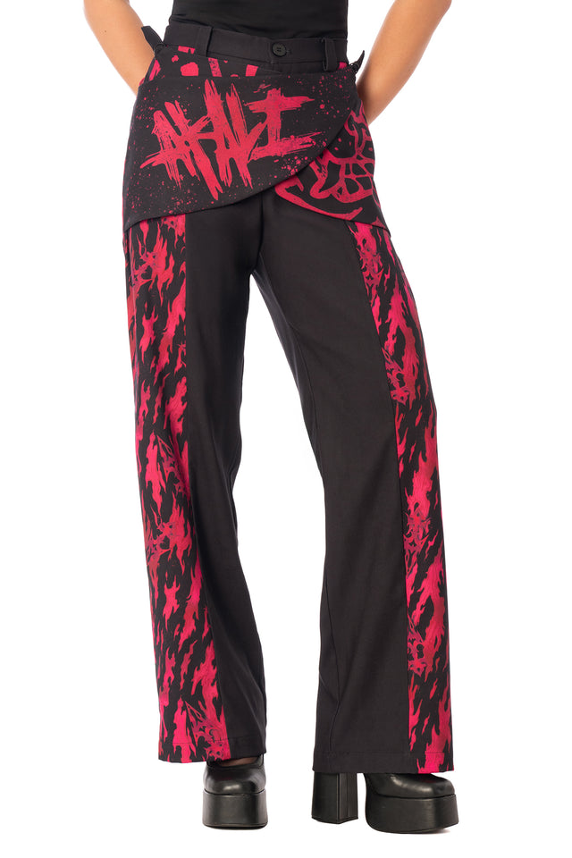 Additional product photograph 3 of the League of Legends K/DA x BlackMilk flowing black drape pants with red and pink Akali-inspired graphic print.