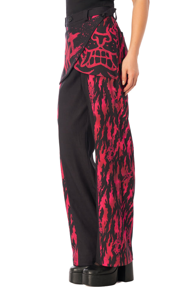 Additional product photograph 4 of the League of Legends K/DA x BlackMilk flowing black drape pants with red and pink Akali-inspired graphic print.