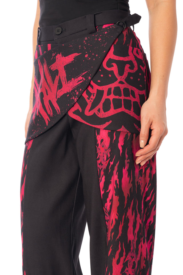 Additional product photograph 5 of the League of Legends K/DA x BlackMilk flowing black drape pants with red and pink Akali-inspired graphic print.