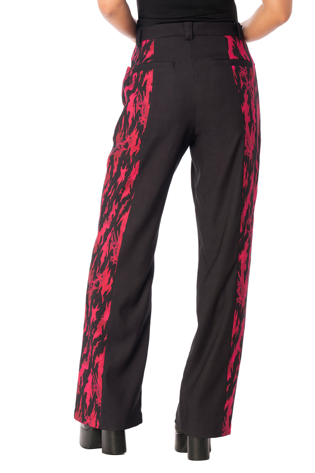 Additional product photograph 6 of the League of Legends K/DA x BlackMilk flowing black drape pants with red and pink Akali-inspired graphic print.