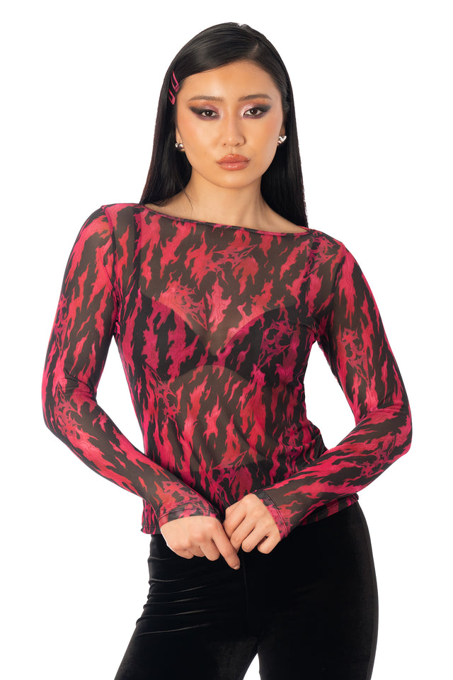 Additional product photograph 2 of the League of Legends K/DA x BlackMilk black and red sheer long-sleeve top with Akali-inspired graphic artwork, a wide boat neckline and a relaxed fit.