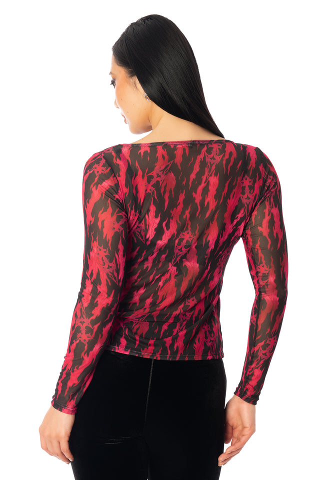 Additional product photograph 4 of the League of Legends K/DA x BlackMilk black and red sheer long-sleeve top with Akali-inspired graphic artwork, a wide boat neckline and a relaxed fit.