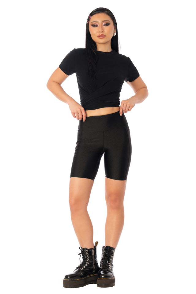 Additional product photograph 2 of the League of Legends K/DA x BlackMilk black high-shine fitted bike shorts with a smooth stretch silhouette.