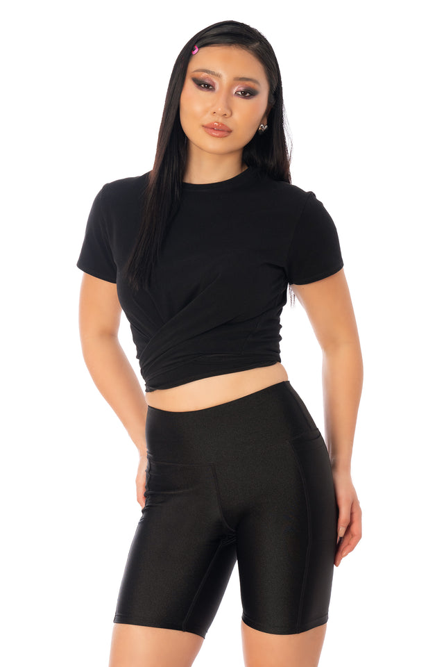 Additional product photograph 3 of the League of Legends K/DA x BlackMilk black high-shine fitted bike shorts with a smooth stretch silhouette.