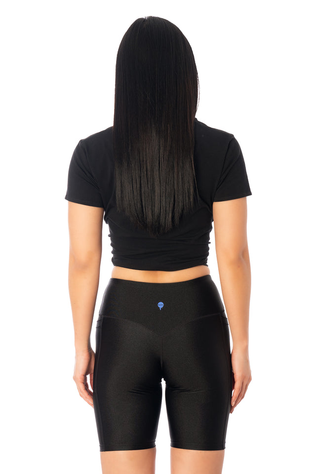 Additional product photograph 5 of the League of Legends K/DA x BlackMilk black high-shine fitted bike shorts with a smooth stretch silhouette.