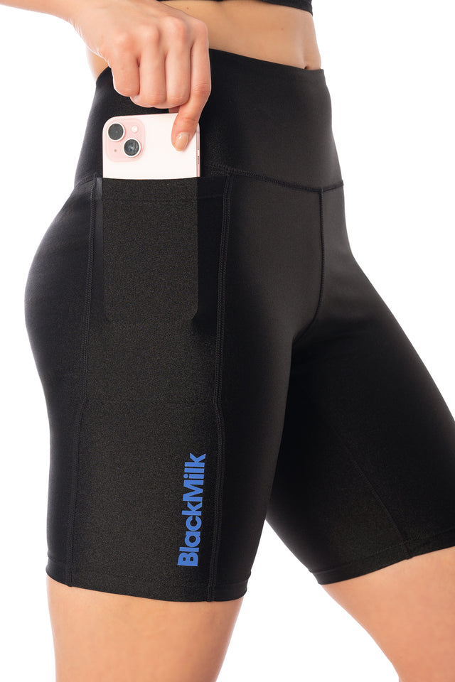 Additional product photograph 6 of the League of Legends K/DA x BlackMilk black high-shine fitted bike shorts with a smooth stretch silhouette.