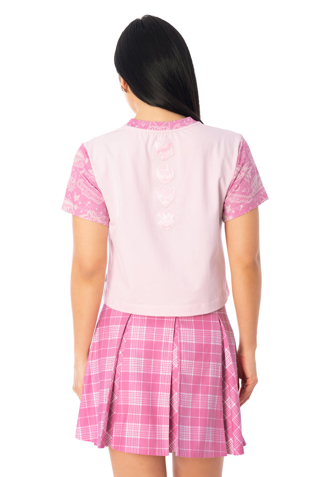 Additional product photograph 4 of the League of Legends K/DA x BlackMilk fitted pale pink cotton baby tee with pink sleeves and K/DA character symbols on the front.