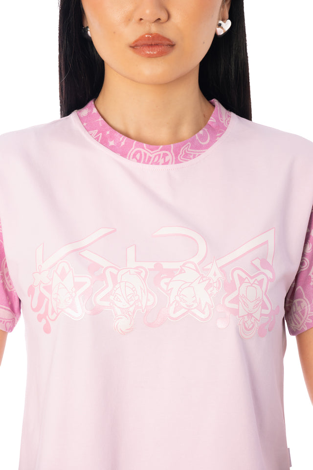 Additional product photograph 5 of the League of Legends K/DA x BlackMilk fitted pale pink cotton baby tee with pink sleeves and K/DA character symbols on the front.