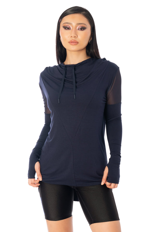 Additional product photograph 2 of the League of Legends K/DA x BlackMilk navy hooded Rogue Ninja top with relaxed sleeves and layered sporty styling.