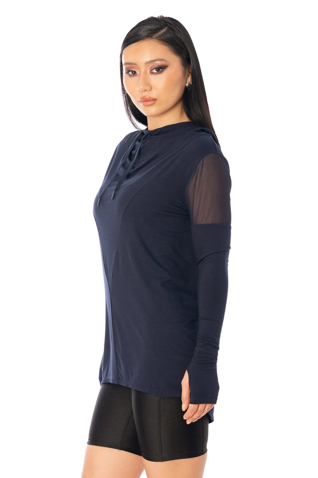 Additional product photograph 3 of the League of Legends K/DA x BlackMilk navy hooded Rogue Ninja top with relaxed sleeves and layered sporty styling.