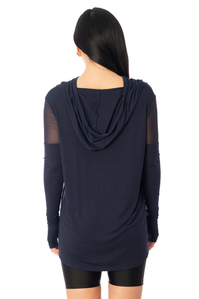 Additional product photograph 4 of the League of Legends K/DA x BlackMilk navy hooded Rogue Ninja top with relaxed sleeves and layered sporty styling.