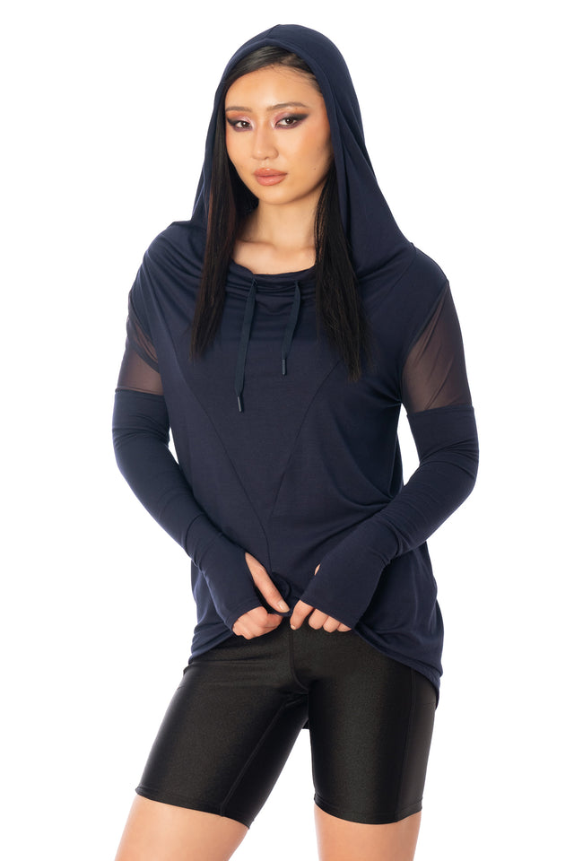 Additional product photograph 6 of the League of Legends K/DA x BlackMilk navy hooded Rogue Ninja top with relaxed sleeves and layered sporty styling.