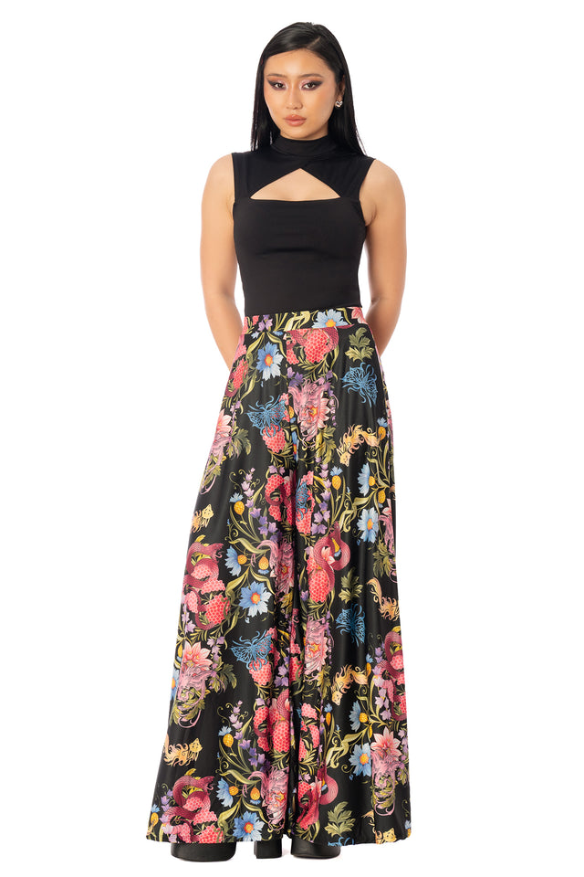 Additional product photograph 2 of the League of Legends K/DA x BlackMilk wide-leg palazzo pants with a colourful floral and animal-inspired K/DA print.