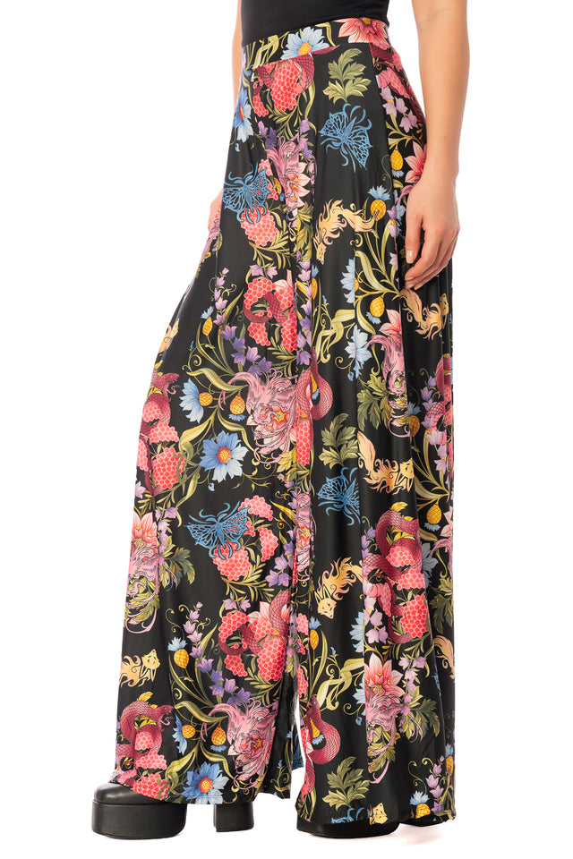 Additional product photograph 4 of the League of Legends K/DA x BlackMilk wide-leg palazzo pants with a colourful floral and animal-inspired K/DA print.