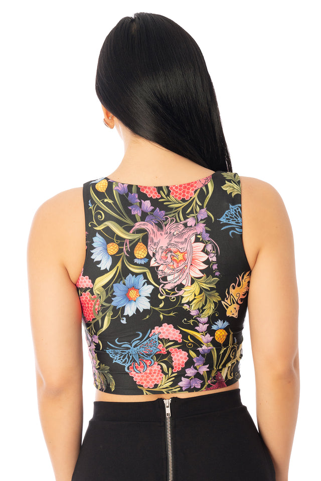 Additional product photograph 4 of the League of Legends K/DA x BlackMilk fitted cropped sleeveless top with colourful floral and animal-inspired K/DA artwork.