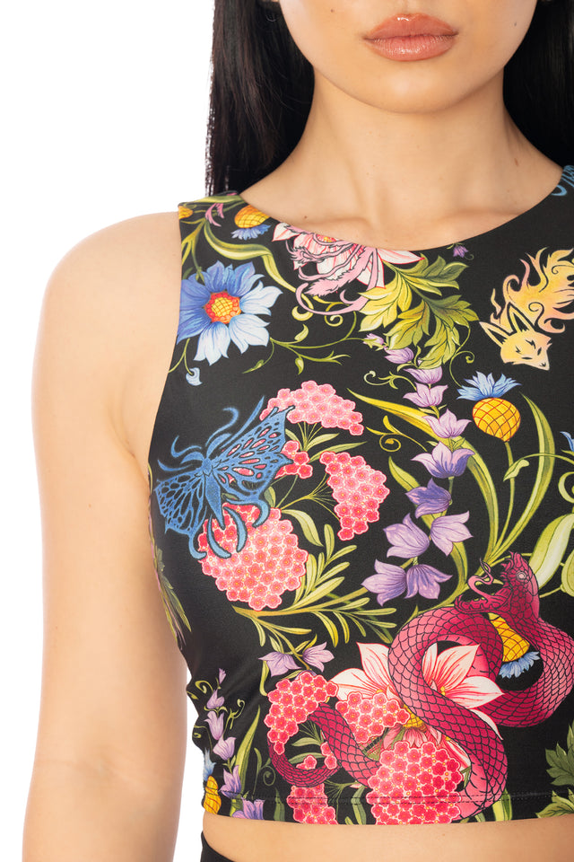 Additional product photograph 5 of the League of Legends K/DA x BlackMilk fitted cropped sleeveless top with colourful floral and animal-inspired K/DA artwork.