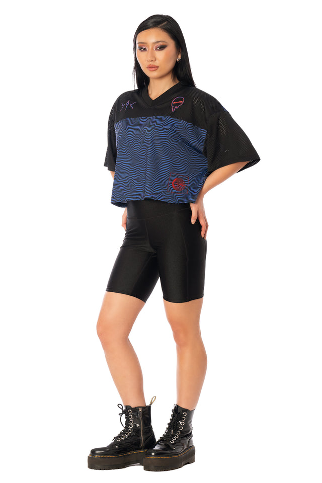 Additional product photograph 2 of the League of Legends K/DA x BlackMilk oversized cropped sports-style touchdown top with Kai’Sa-inspired K/DA graphics.
