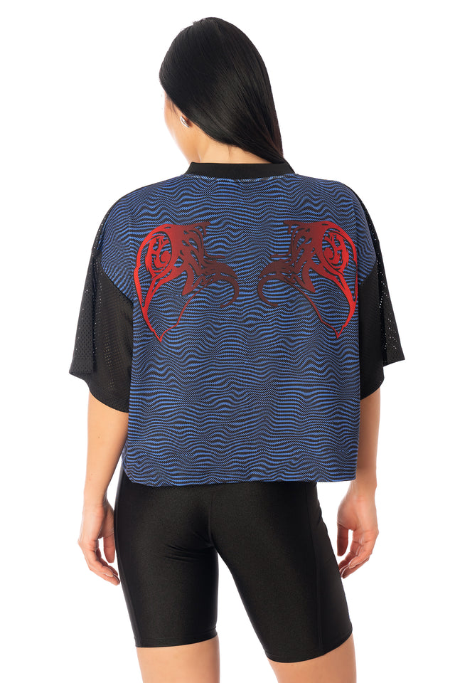 Additional product photograph 5 of the League of Legends K/DA x BlackMilk oversized cropped sports-style touchdown top with Kai’Sa-inspired K/DA graphics.