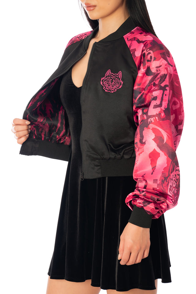 Additional product photograph 6 of the League of Legends K/DA x BlackMilk cropped black satin souvenir jacket with pink Akali tiger artwork on the back and contrasting patterned sleeves.