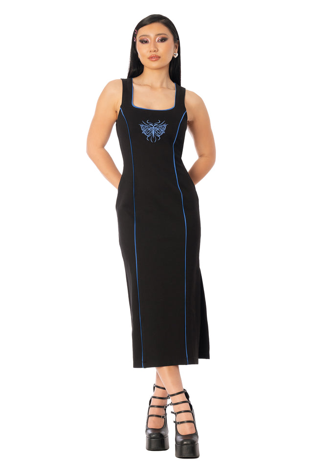 Close-up of the black square-neck dress showing blue piping and a graphic at the bust. League of Legends K/DA x BlackMilk fitted black bodycon dress with a square neckline, blue trim and Evelynn-inspired graphic on the chest.