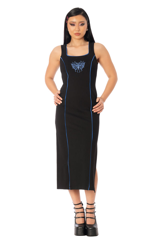 Additional product photograph 2 of the League of Legends K/DA x BlackMilk fitted black bodycon dress with a square neckline, blue trim and Evelynn-inspired graphic on the chest.
