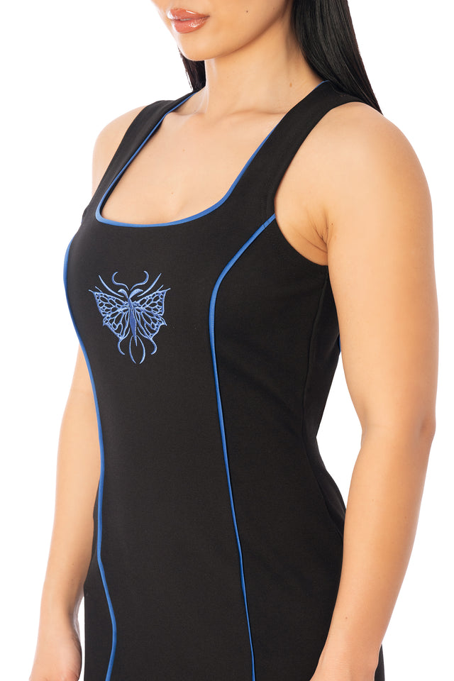 Additional product photograph 5 of the League of Legends K/DA x BlackMilk fitted black bodycon dress with a square neckline, blue trim and Evelynn-inspired graphic on the chest.