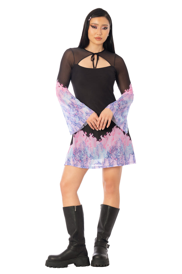 Additional product photograph 2 of the League of Legends K/DA x BlackMilk black fitted mini dress with sheer flared sleeves and pink-to-blue printed detailing inspired by Ahri.