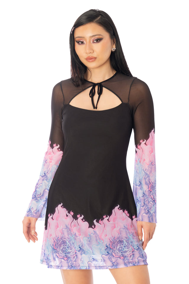 Additional product photograph 3 of the League of Legends K/DA x BlackMilk black fitted mini dress with sheer flared sleeves and pink-to-blue printed detailing inspired by Ahri.