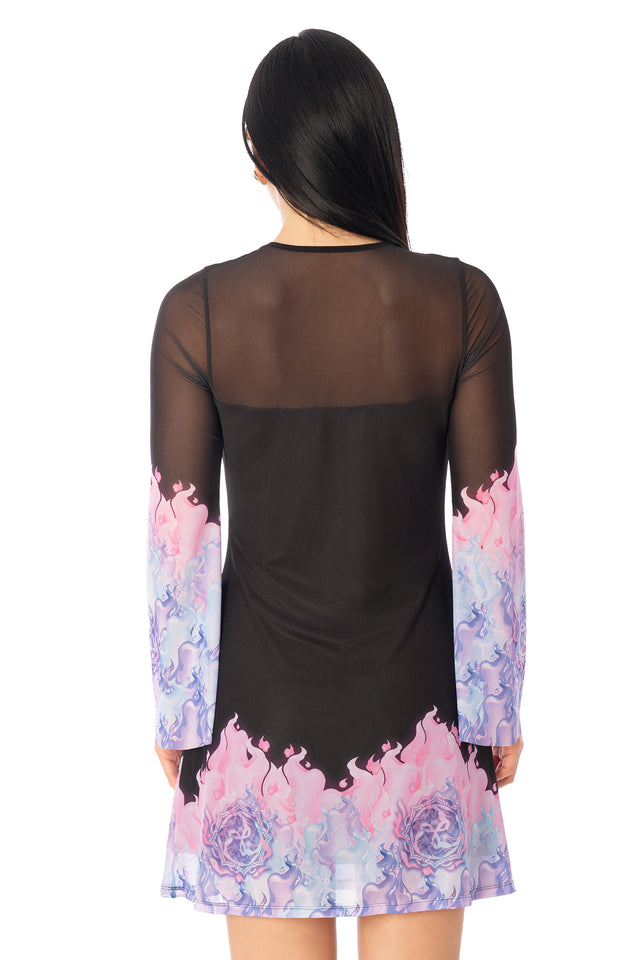 Additional product photograph 5 of the League of Legends K/DA x BlackMilk black fitted mini dress with sheer flared sleeves and pink-to-blue printed detailing inspired by Ahri.