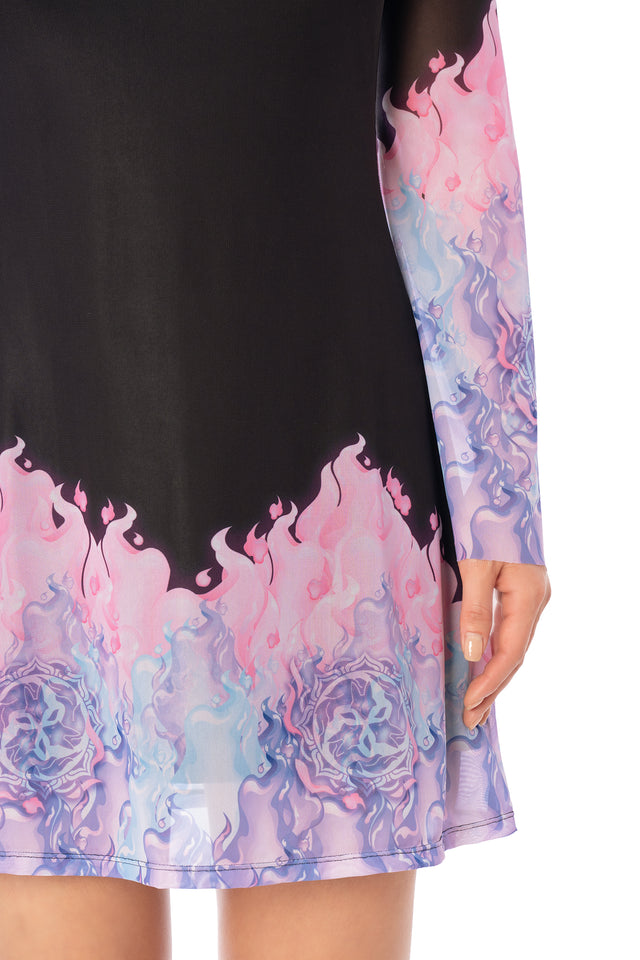 Additional product photograph 6 of the League of Legends K/DA x BlackMilk black fitted mini dress with sheer flared sleeves and pink-to-blue printed detailing inspired by Ahri.
