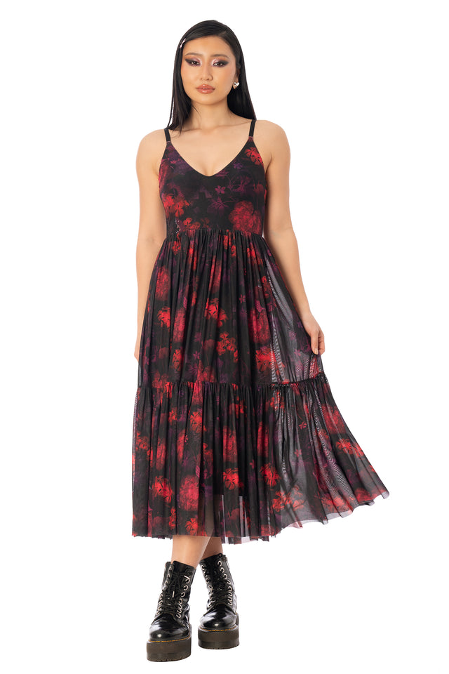 Additional product photograph 2 of the League of Legends K/DA x BlackMilk sheer mesh midaxi dress featuring red and black Evelynn-inspired snake artwork.