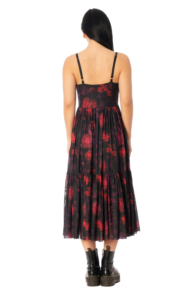 Additional product photograph 4 of the League of Legends K/DA x BlackMilk sheer mesh midaxi dress featuring red and black Evelynn-inspired snake artwork.