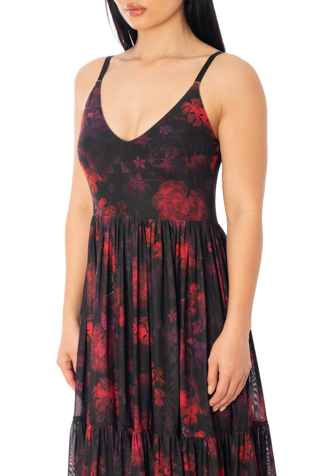 Additional product photograph 5 of the League of Legends K/DA x BlackMilk sheer mesh midaxi dress featuring red and black Evelynn-inspired snake artwork.