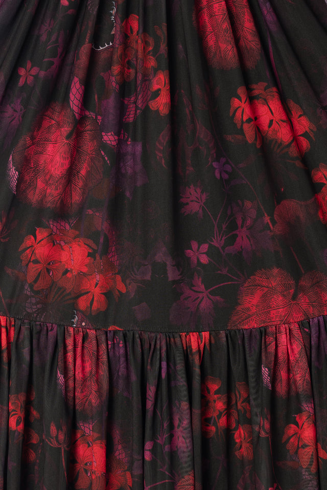 Additional product photograph 6 of the League of Legends K/DA x BlackMilk sheer mesh midaxi dress featuring red and black Evelynn-inspired snake artwork.