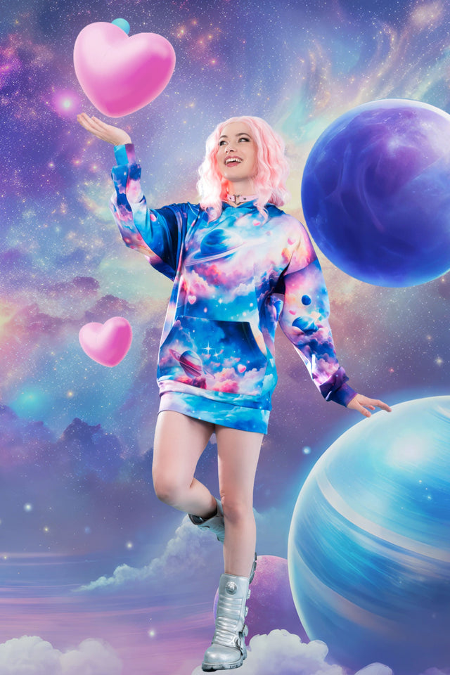 Space-inspired hoodie dress with colourful nebula artwork, ringed planets and dreamy cosmic details