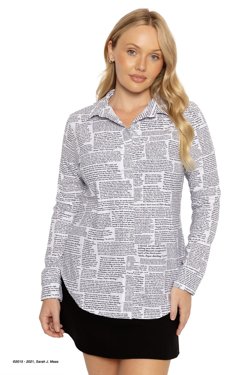 Model wearing a relaxed-fit shirt featuring multiple quotes from Rhysand in A Court of Thorns and Roses (ACOTAR), shown in motion as the soft fabric drapes and the text print becomes visible across the design.