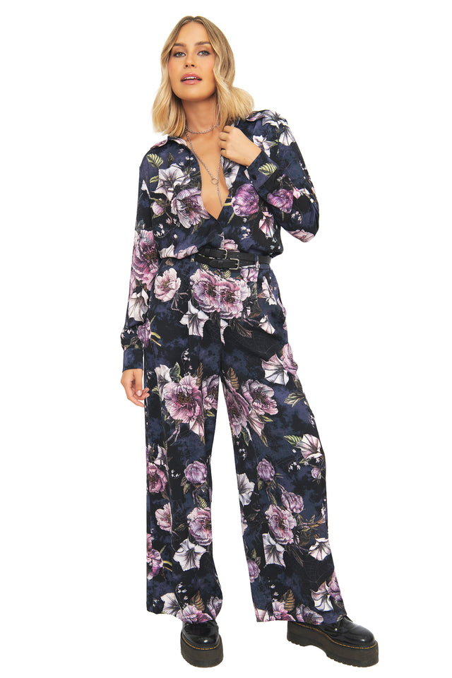Floral Corporate Goth Top And Black Palazzo Pants