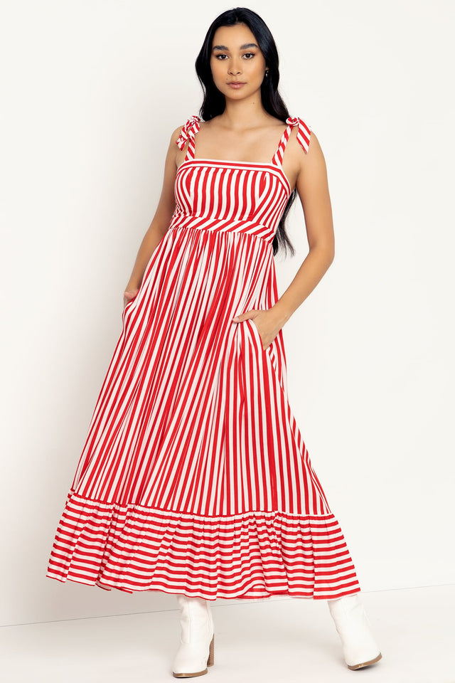 Red Ribbons Tied N Tiered Midaxi Dress