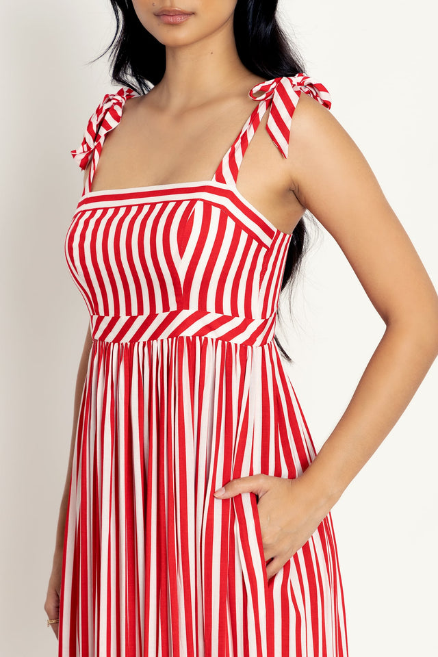 Red Ribbons Tied N Tiered Midaxi Dress