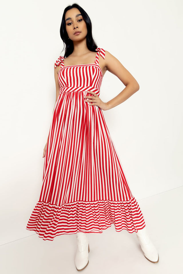 Red Ribbons Tied N Tiered Midaxi Dress