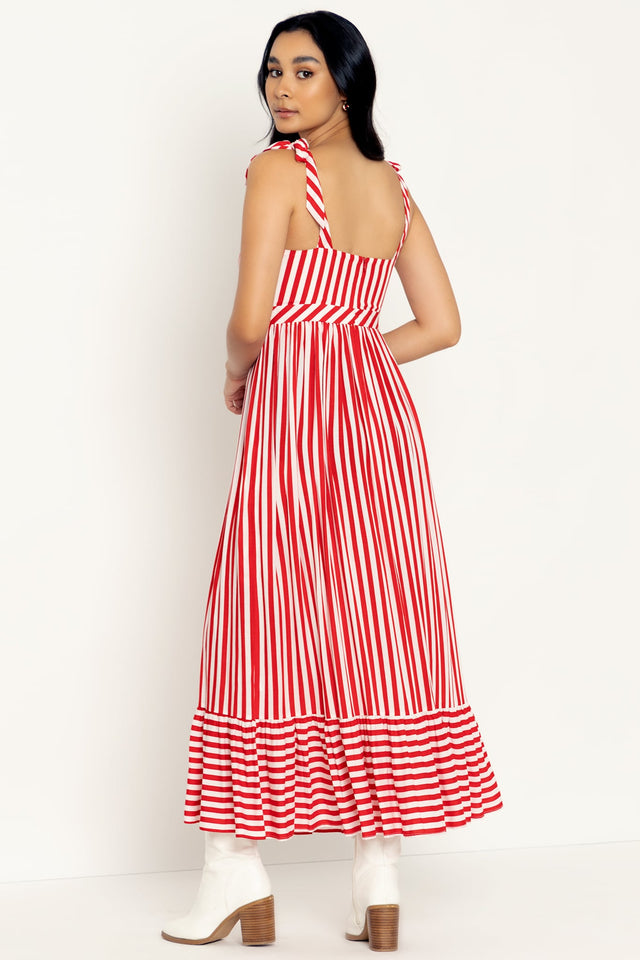 Red Ribbons Tied N Tiered Midaxi Dress