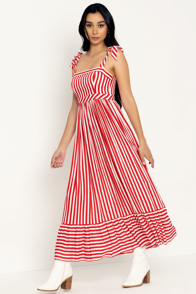 Red Ribbons Tied N Tiered Midaxi Dress