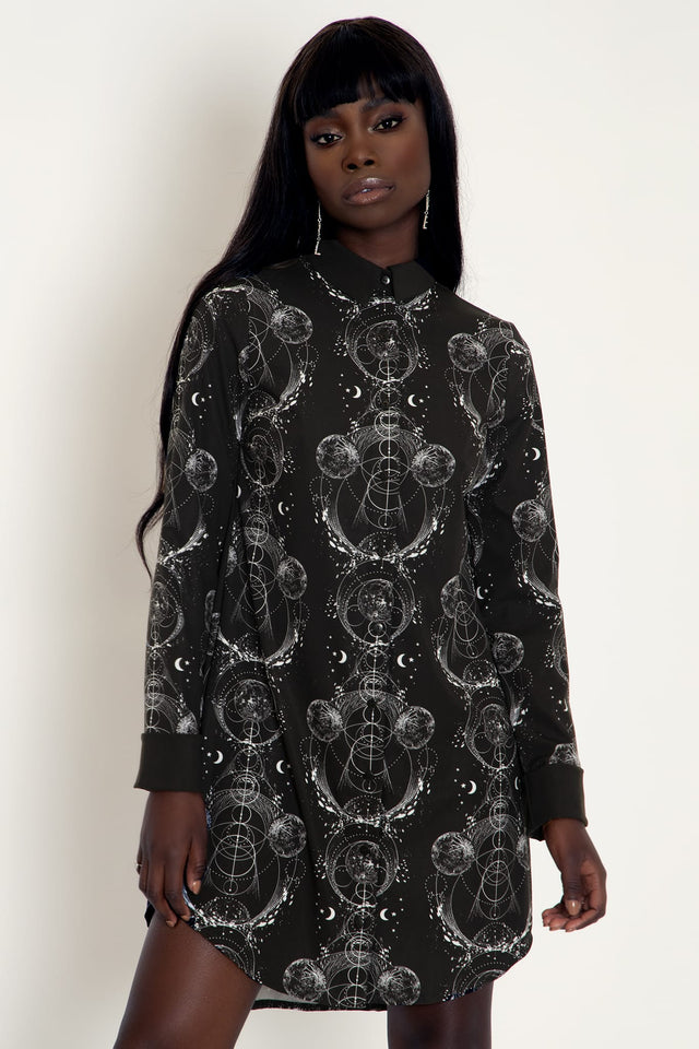 Sacred Orbit Long Sleeve Business Time Shirt Dress featuring celestial-inspired artwork, a classic button-through design and long sleeves, perfect for workwear, creative offices and elevated everyday styling.