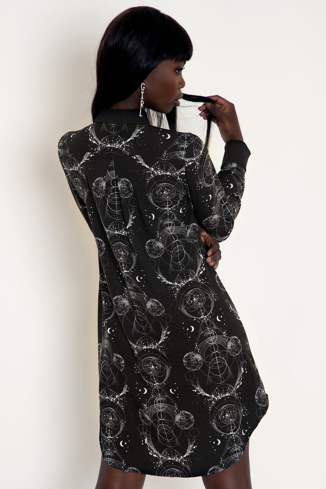 Button-through shirt dress featuring Sacred Orbit artwork, ideal for workwear, casual office outfits, gallery visits and polished everyday styling.