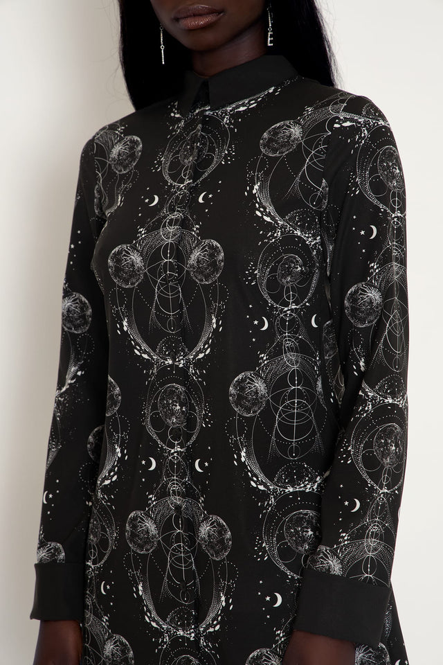 Women's long sleeve collared dress with celestial-inspired print, perfect for corporate fashion, smart casual events and versatile everyday wear.
