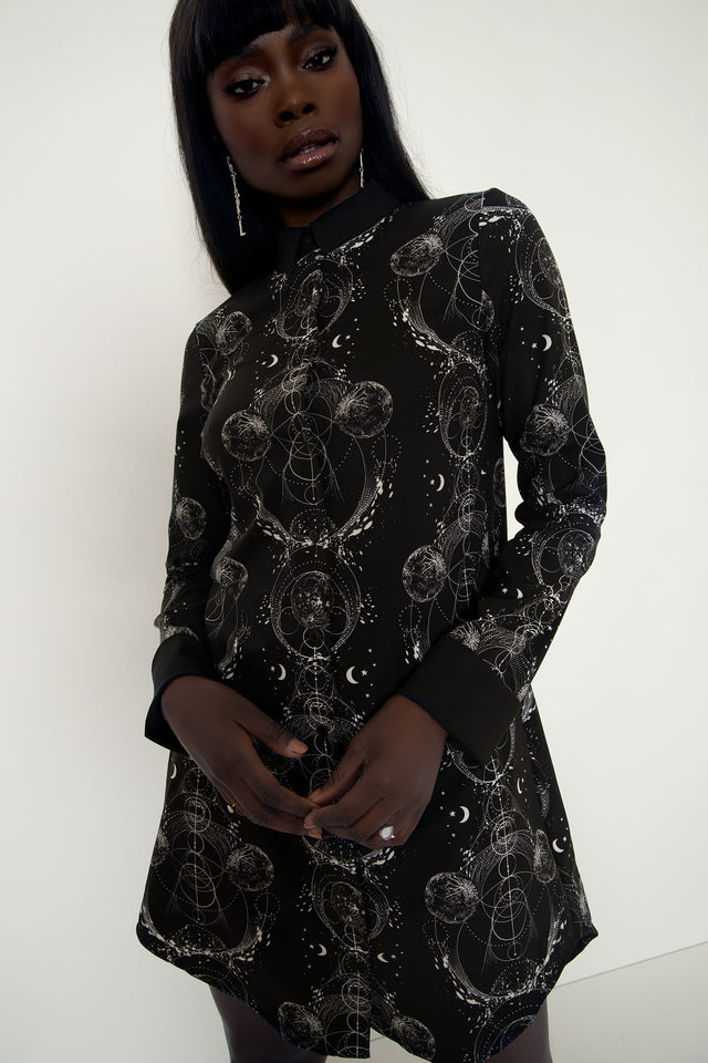 Long sleeve shirt dress with Sacred Orbit print, designed with a flattering silhouette for office outfits, smart casual dressing, travel and day-to-night wear.